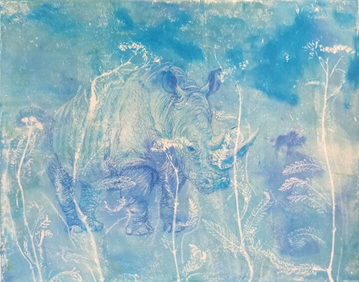 Painting titled "Blue Rhino" by Alyona Masterkova, Original Artwork, Acrylic