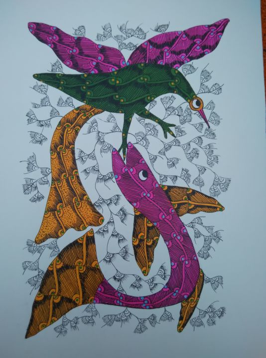 Pintura intitulada "fish and the bird" por Amarlal Kushram, Obras de arte originais, Aquarela