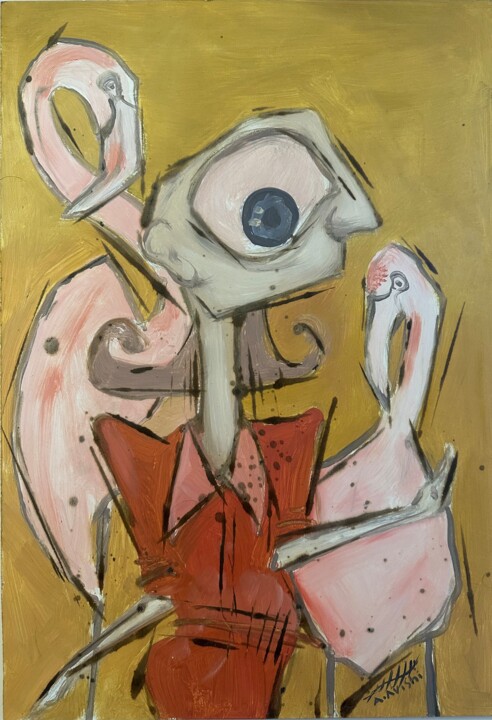 Schilderij getiteld "Flamingo" door Amirabbas Avishi, Origineel Kunstwerk, Olie