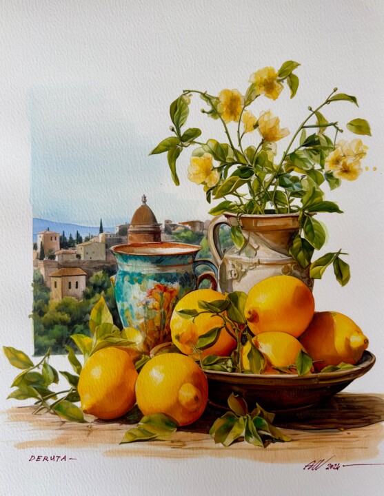 Malerei mit dem Titel "I limoni di Deruta" von Amirata Winter, Original-Kunstwerk, Aquarell