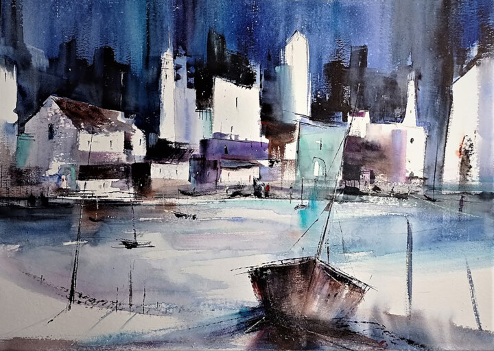 Pintura titulada "Puerto" por Ana Maria Rodriguez Romero, Obra de arte original, Acuarela