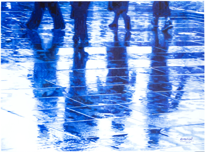 Dibujo titulada "Foule sous la pluie" por Ananou, Obra de arte original, Bolígrafo