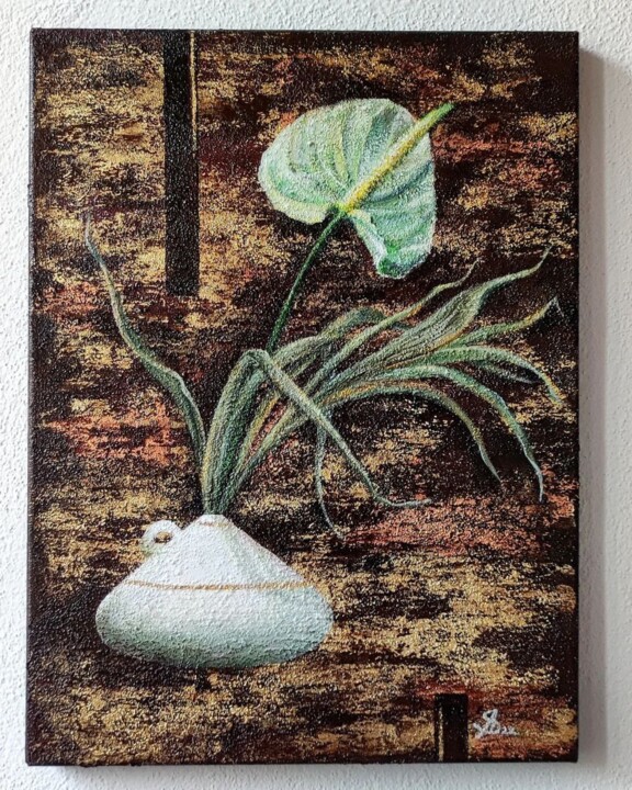 「Ikebana with anthur…」というタイトルの絵画 Anastasia Kirsによって, オリジナルのアートワーク, アクリル ウッドストレッチャーフレームにマウント