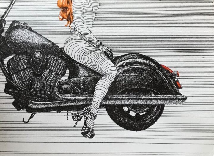 Dibujo titulada "Девушка на мотоцикле" por Anastasiia Rogova, Obra de arte original, Rotulador