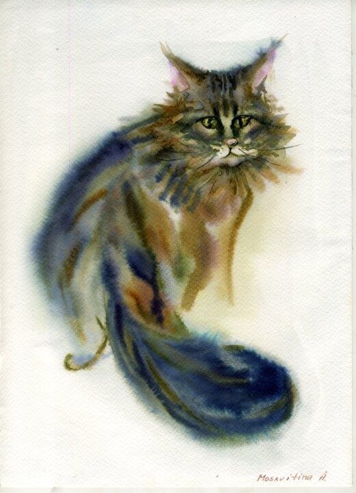 제목이 ""Cat""인 미술작품 Anastasiia Moskvitina로, 원작, 수채화