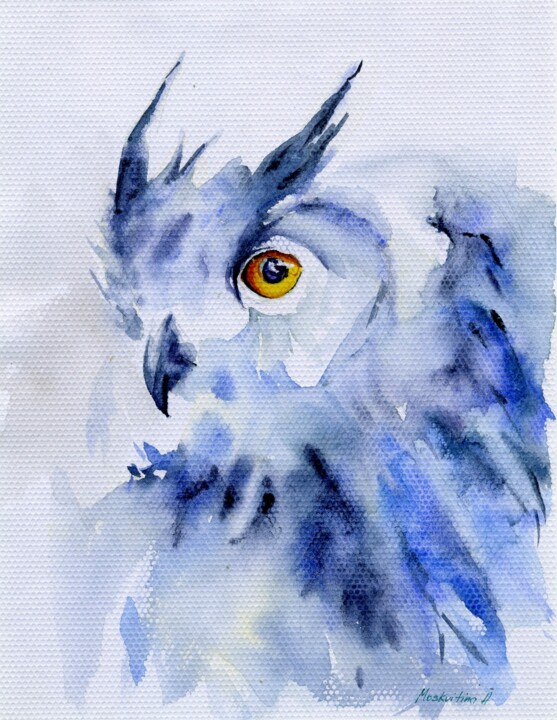 「“White Owl” Origina…」というタイトルの絵画 Anastasiia Moskvitinaによって, オリジナルのアートワーク, 水彩画