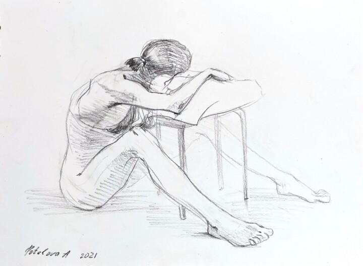 Drawing titled "Sitting" by Anastasiia Potelova, Original Artwork, Graphite