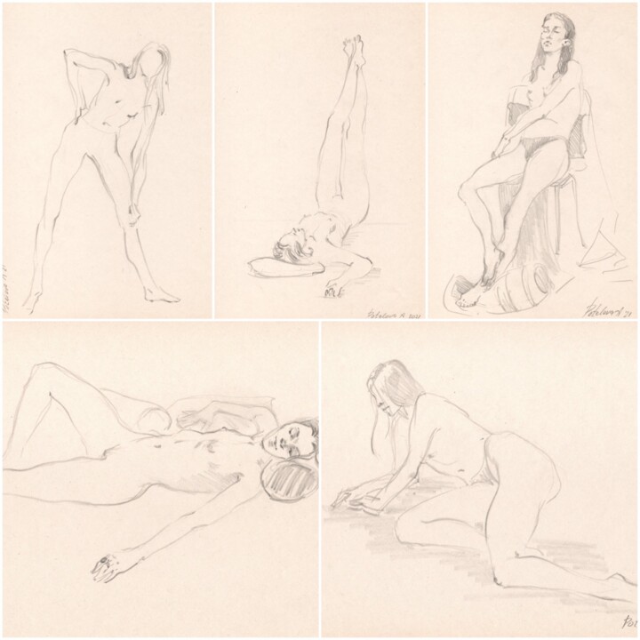 Drawing titled "Set of five sketche…" by Anastasiia Potelova, Original Artwork, Pencil