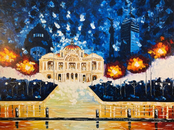 Painting titled "Bellas Artes Palace…" by Anaya, Original Artwork, Oil Mounted on Wood Stretcher frame