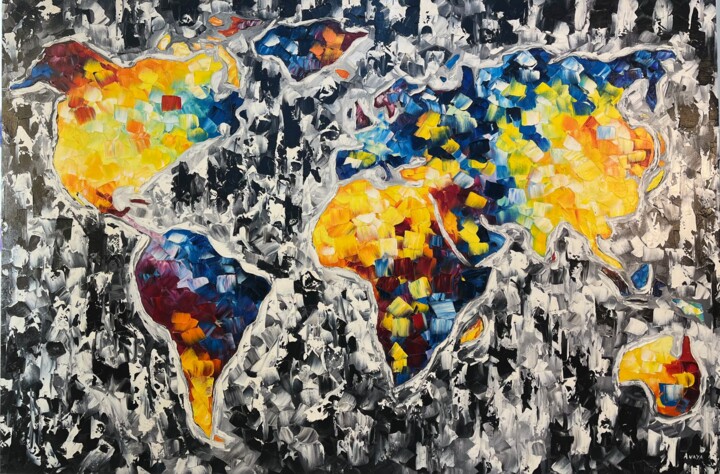 Painting titled "The world full of c…" by Anaya, Original Artwork, Oil Mounted on Wood Stretcher frame