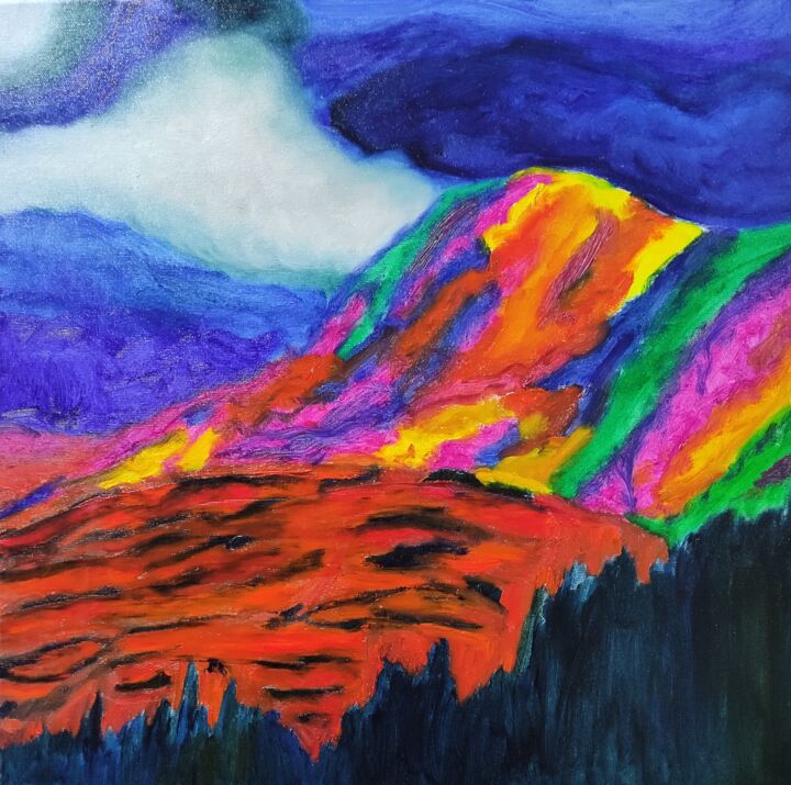 Painting titled "Rainbow Hills" by Anca Elena Caraman, Original Artwork, Oil Mounted on Wood Stretcher frame