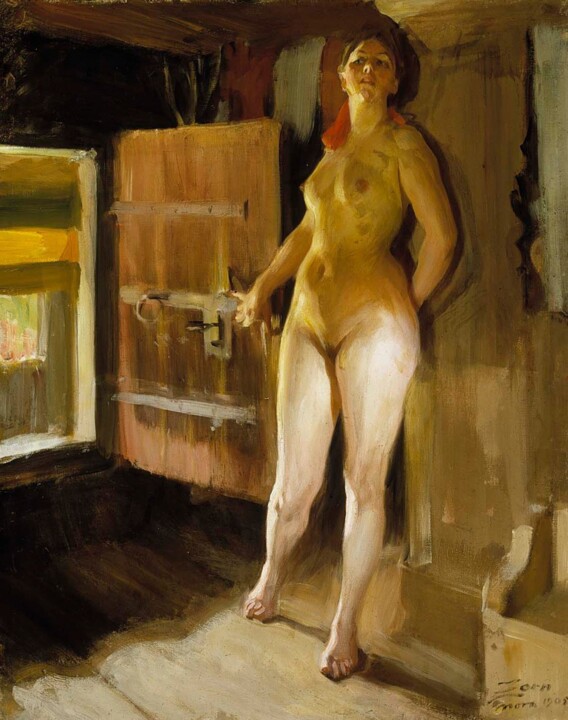 Painting titled "À la porte du greni…" by Anders Zorn, Original Artwork, Oil