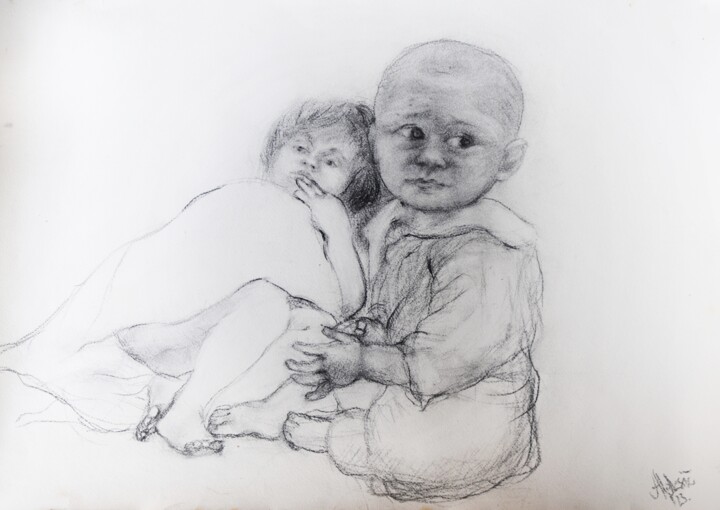 Painting titled "Children II" by Andrea Aleksic, Original Artwork, Charcoal