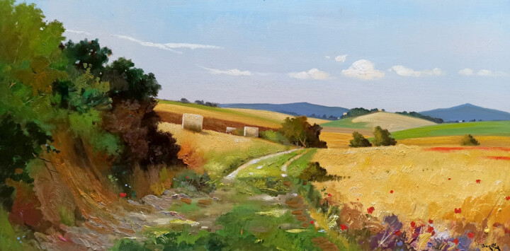Peinture intitulée "Countryside in July…" par Andrea Borella, Œuvre d'art originale, Huile Monté sur Châssis en bois