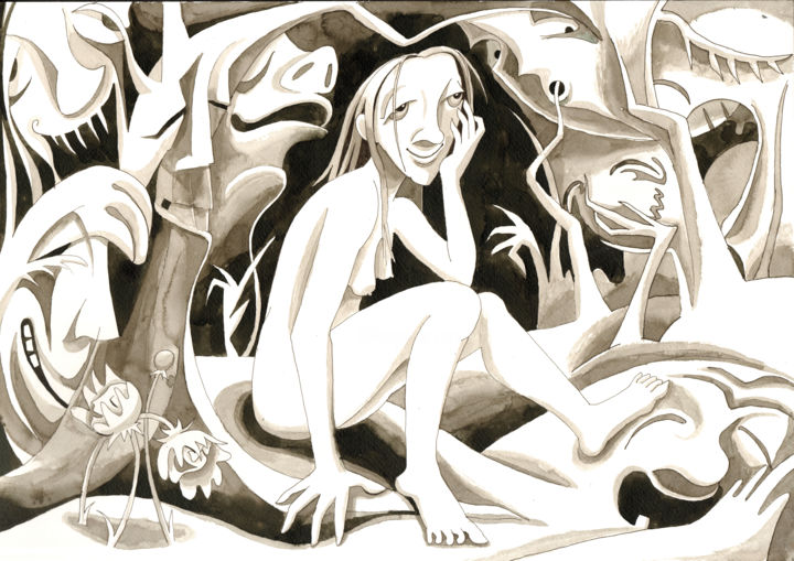Zeichnungen mit dem Titel "Young Woman in the…" von Andrea Riegler, Original-Kunstwerk, Tinte