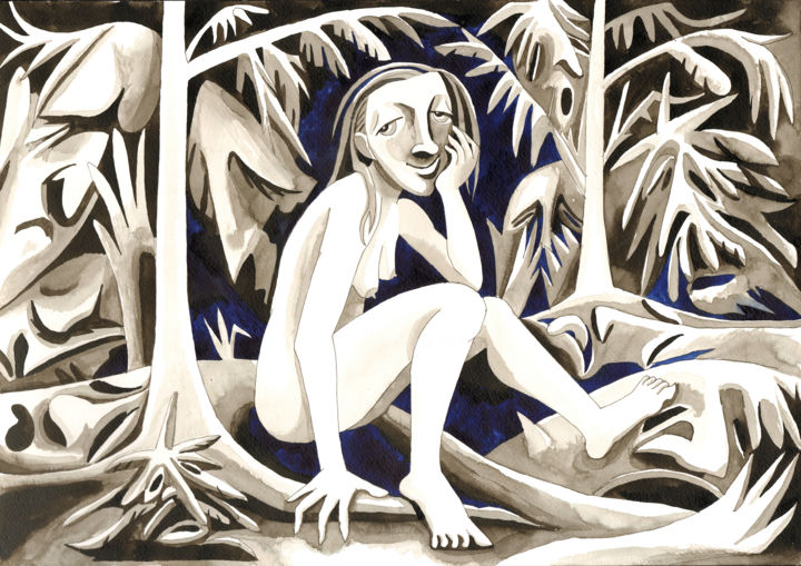 Zeichnungen mit dem Titel "Frau im Wald, Melan…" von Andrea Riegler, Original-Kunstwerk, Tinte
