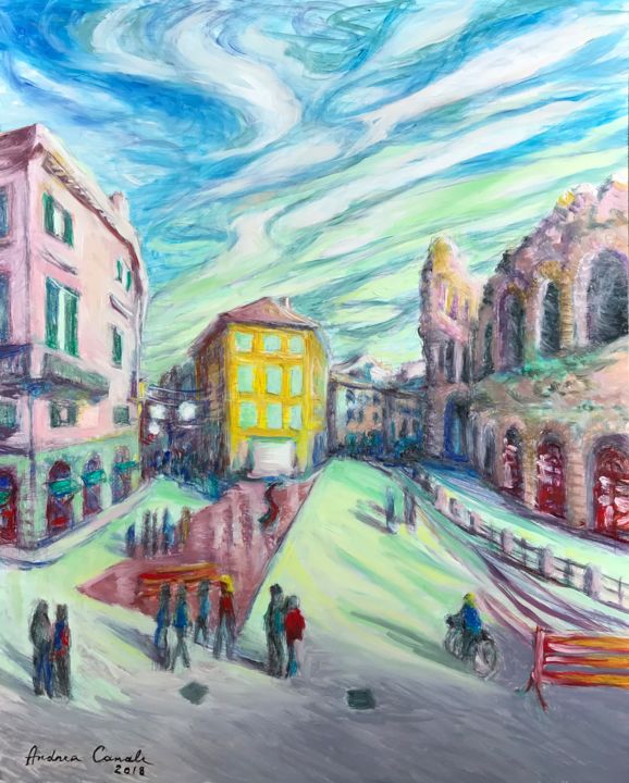「Passeggiata a Verona」というタイトルの絵画 Andrea Canaleによって, オリジナルのアートワーク, オイル