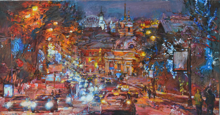 Painting titled "Lights of sity, win…" by Andrei Kutsachenko, Original Artwork, Oil Mounted on Wood Stretcher frame