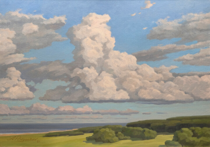 Painting titled "Clouds" by Andrey Pingachev, Original Artwork, Oil Mounted on Cardboard