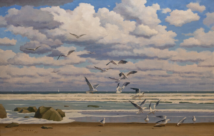 Schilderij getiteld "Seagulls" door Andrey Pingachev, Origineel Kunstwerk, Olie Gemonteerd op Houten paneel