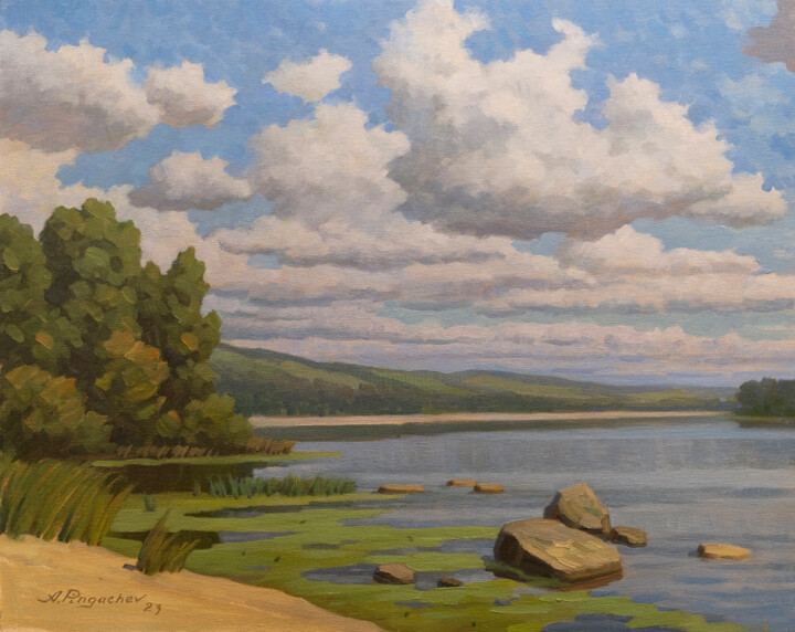 Painting titled "Sunny day at the la…" by Andrey Pingachev, Original Artwork, Oil Mounted on Cardboard