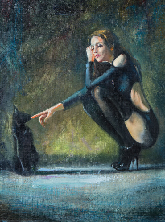 Painting titled "Черный кот" by Andrei Iakovlev, Original Artwork, Oil