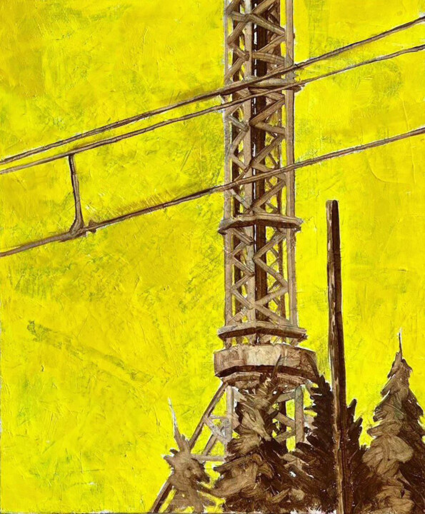 Painting titled "Dorohodichi TV tower" by Andrii Davydenko, Original Artwork, Oil Mounted on Wood Stretcher frame