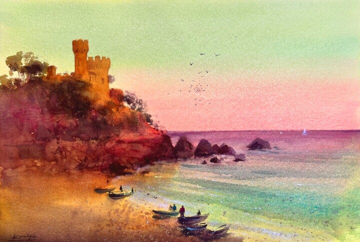 Painting titled "Picturesque fortres…" by Andrii Kovalyk, Original Artwork, Watercolor