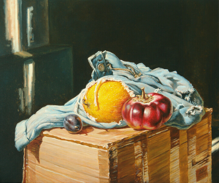 Ζωγραφική με τίτλο "A Melon in Jeans" από Andrii Zhukov, Αυθεντικά έργα τέχνης, Λάδι