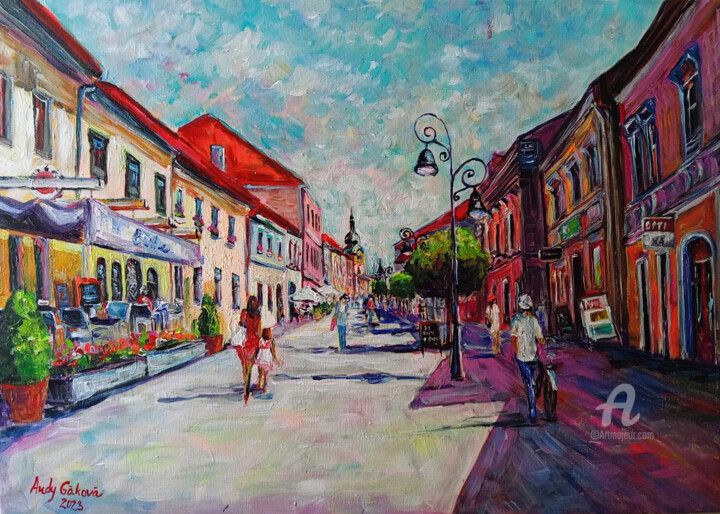 Painting titled "Summer street , Ban…" by Andy Gakova, Original Artwork, Oil