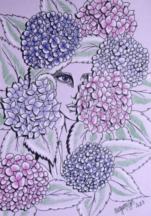 Drawing titled "Hortensias" by Angamaya, Original Artwork