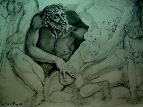 Dibujo titulada "BACANAL  -  Not For…" por Angel Rengell, Obra de arte original, Carbón