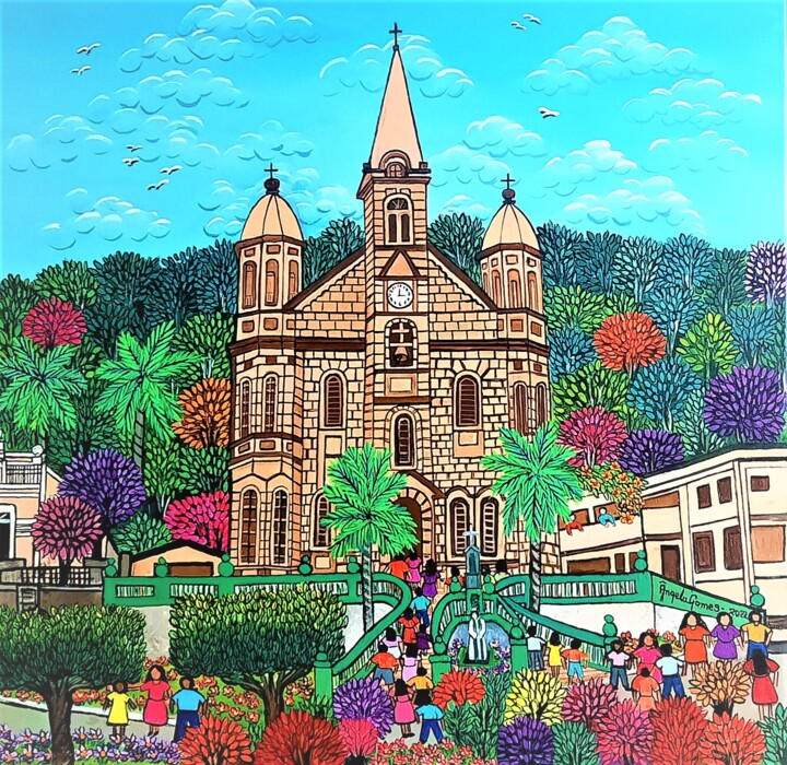 Painting titled "Igreja Matriz São J…" by Angela Gomes, Original Artwork, Acrylic Mounted on Wood Stretcher frame