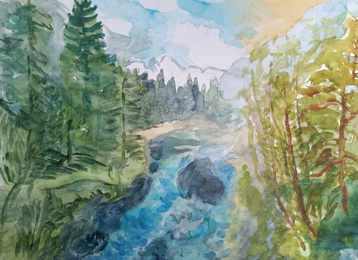 Painting titled "Am Fluss" by Angela Heindl, Original Artwork, Watercolor