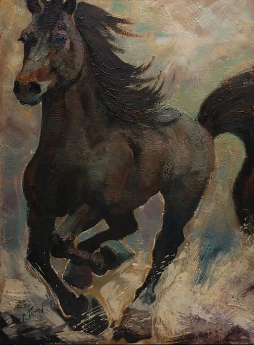 Painting titled "Cheval au galop" by Philippe Jamin, Original Artwork, Oil
