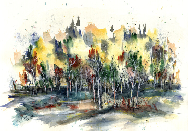 Painting titled "The dense forest" by Aniko Hencz, Original Artwork, Watercolor