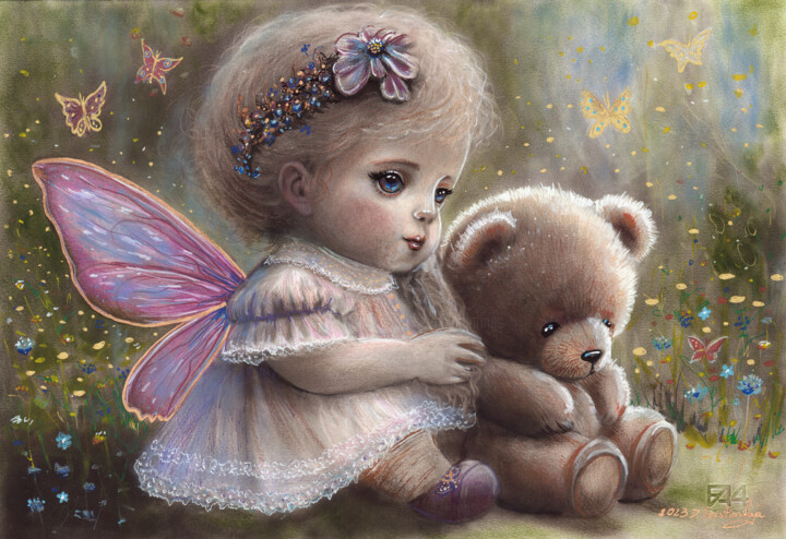 Painting titled "Fairy With Her Tedd…" by Danguole Serstinskaja, Original Artwork, Oil