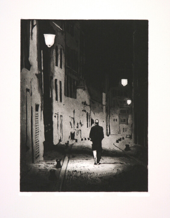 Incisioni, stampe intitolato "Marcheur nocturne" da Anita Baud, Opera d'arte originale, Acquaforte