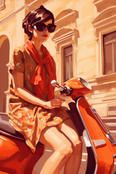 Digital Arts titled "Girl on red Vespa I…" by Anja Rudko, Original Artwork, AI generated image