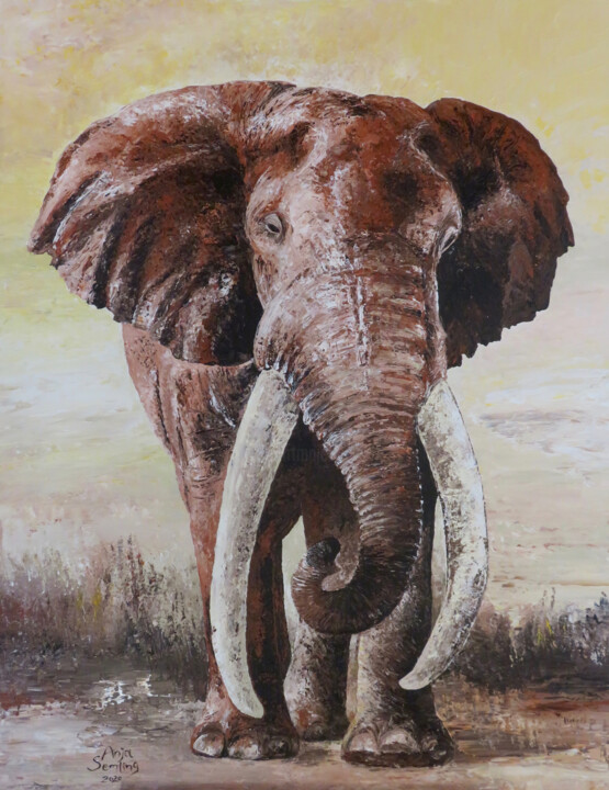 Malerei mit dem Titel "BIG TUSKER I AFRIKA" von Anja Semling, Original-Kunstwerk, Acryl Auf Andere starre Platte montiert