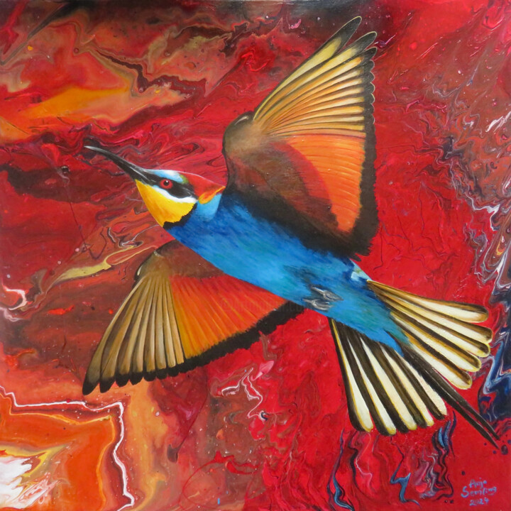 Painting titled "Bienenfresser Vogel…" by Anja Semling, Original Artwork, Acrylic Mounted on Wood Stretcher frame