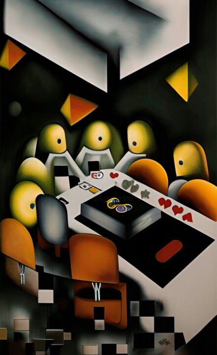 Schilderij getiteld "Poker tournament" door Anna Alekberova, Origineel Kunstwerk, Olie Gemonteerd op Frame voor houten branc…