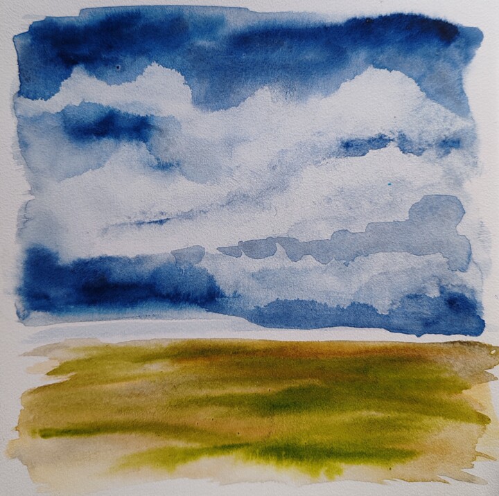 Painting titled "paysage minimaliste…" by Anna An, Original Artwork, Watercolor