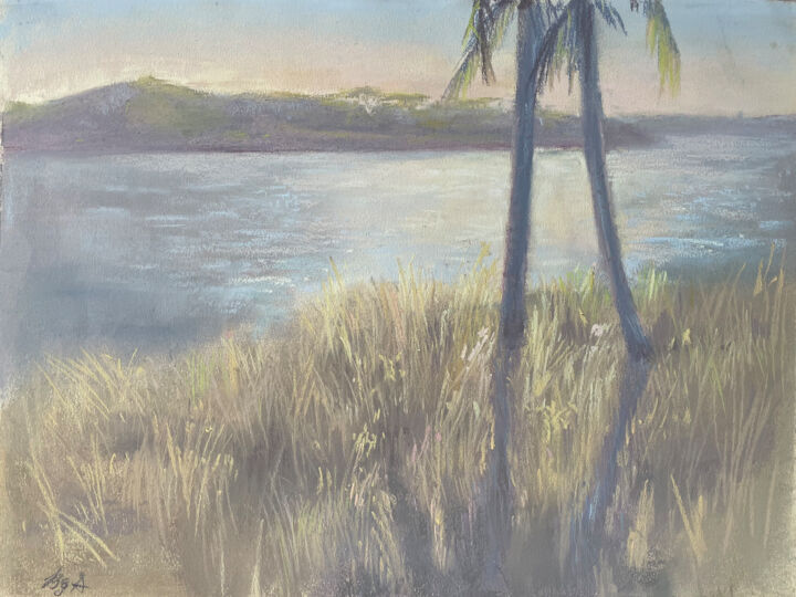 Drawing titled "Two palms, sunrise" by Anna Bogushevskaya, Original Artwork, Pastel