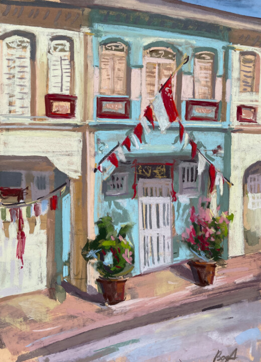 Dibujo titulada "Shophouse with red…" por Anna Bogushevskaya, Obra de arte original, Pastel