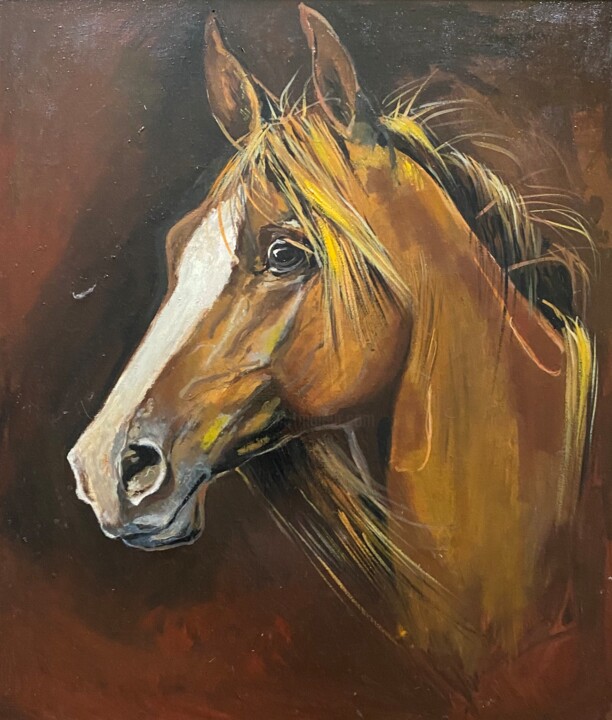 「Koń Sasanka | Horse…」というタイトルの絵画 Anna Irena Grabowskaによって, オリジナルのアートワーク, オイル ウッドストレッチャーフレームにマウント