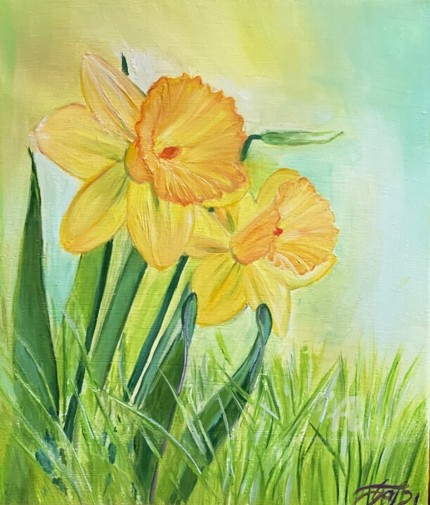 "Two daffodils" başlıklı Tablo Anna Pavlovich-Naneva tarafından, Orijinal sanat, Petrol Ahşap Sedye çerçevesi üzerine monte…