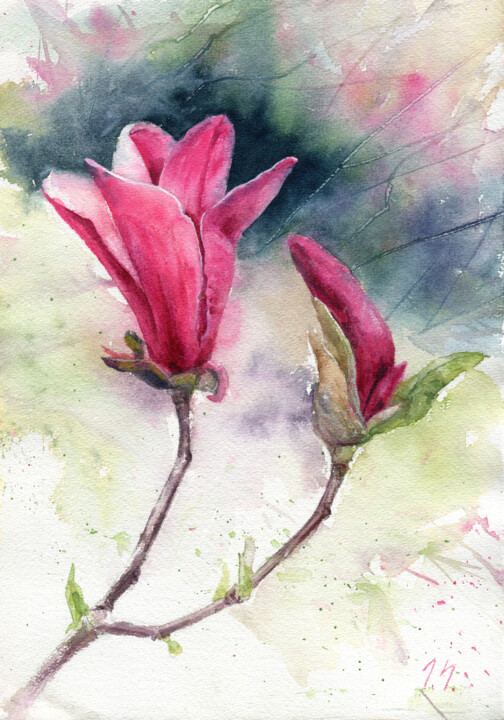 Pintura titulada "Magnolia Branch" por Anna Samoilichenko, Obra de arte original, Acuarela