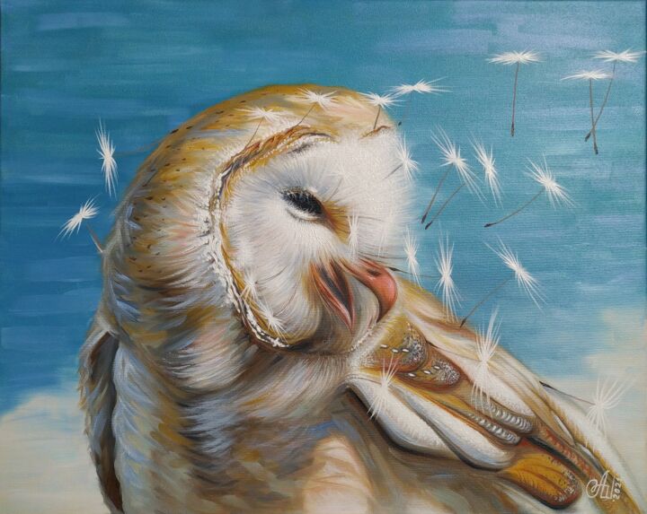 Schilderij getiteld "Owl" door Anna Shabalova, Origineel Kunstwerk, Olie Gemonteerd op Frame voor houten brancard