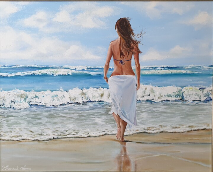 Painting titled "Girl by the sea" by Anna Shostak, Original Artwork, Oil Mounted on Wood Panel